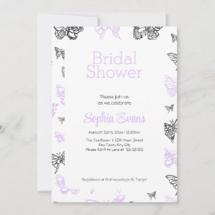 Purple and Black Butterflies White Bridal Shower Invitation