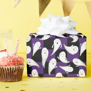 Purple and Black Chequerboard Ghosts Halloween Wrapping Paper