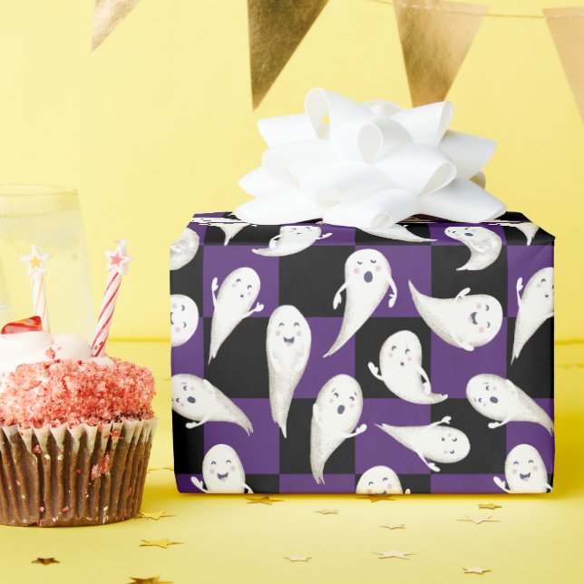 Purple and Black Chequerboard Ghosts Halloween Wrapping Paper (Birthday Party)