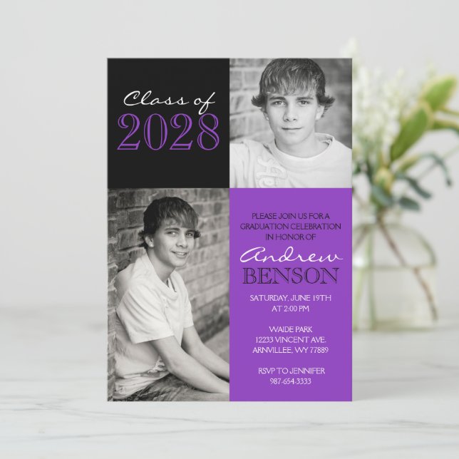 Purple and Black Classic 2 Photo Graduation Invitation (Standing Front)