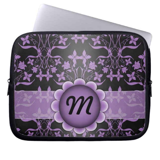 Purple and Black Damask Monogram Laptop Sleeve (Front)