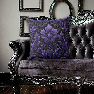 Purple and Black Damask Patterned  Throw Pillow