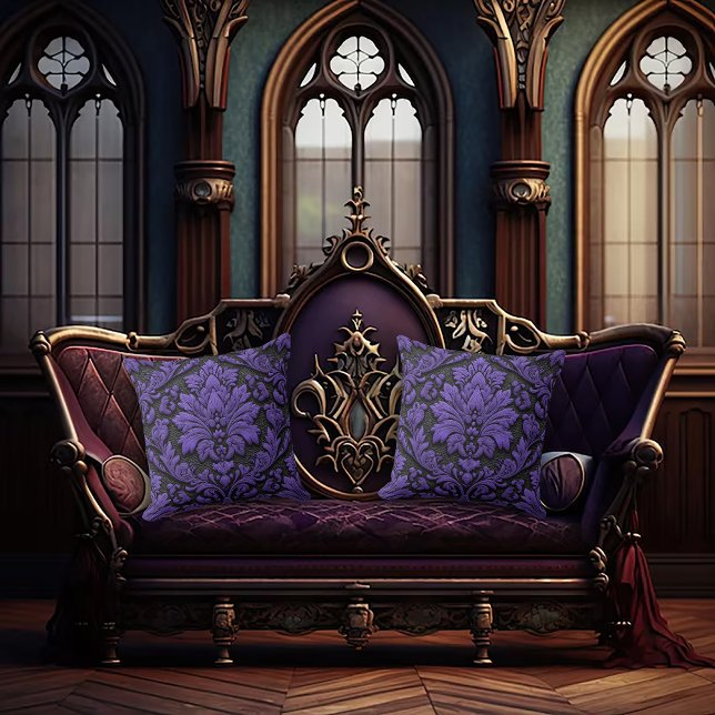 Purple and Black Damask Patterned  Throw Pillow (Creator Uploaded)