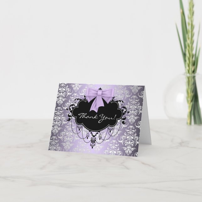 Purple and Black Damask Thank You Cards (Front)