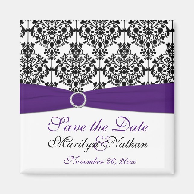 Purple and Black Damask Wedding Favor Magnet (Front)