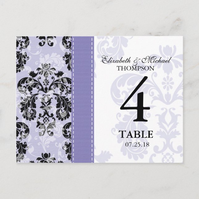 Purple and Black Damask Wedding Table Number Card (Front)
