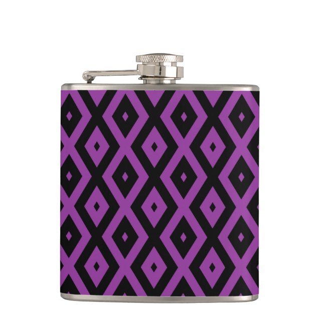 Purple and black diamond pattern hip flask (Front)
