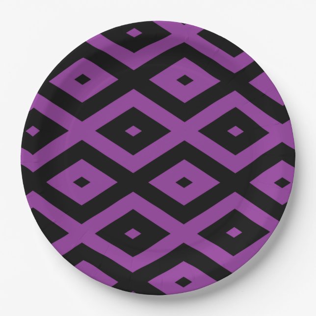 Purple and black diamond pattern paper plate (Front)