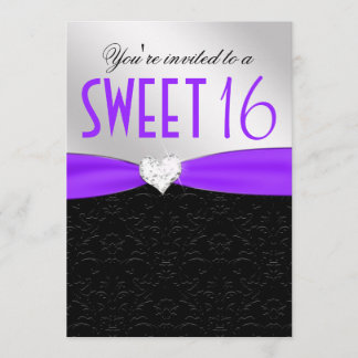 Purple and Black Floral Damask Diamond Heart Invitation