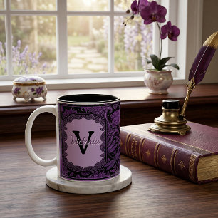 Purple and black floral paisley personalized Two-Tone coffee mug