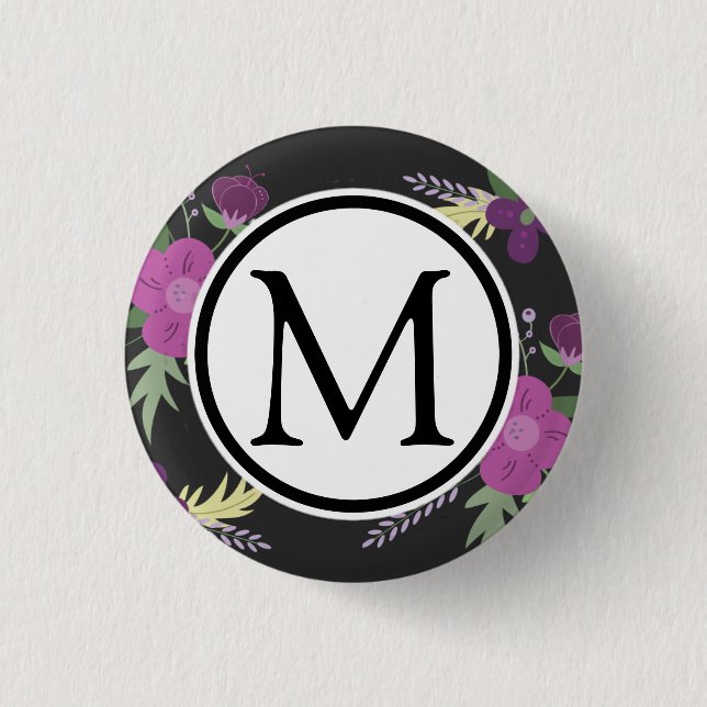Purple and Black Flower Design 1 Inch Round Button (Front)