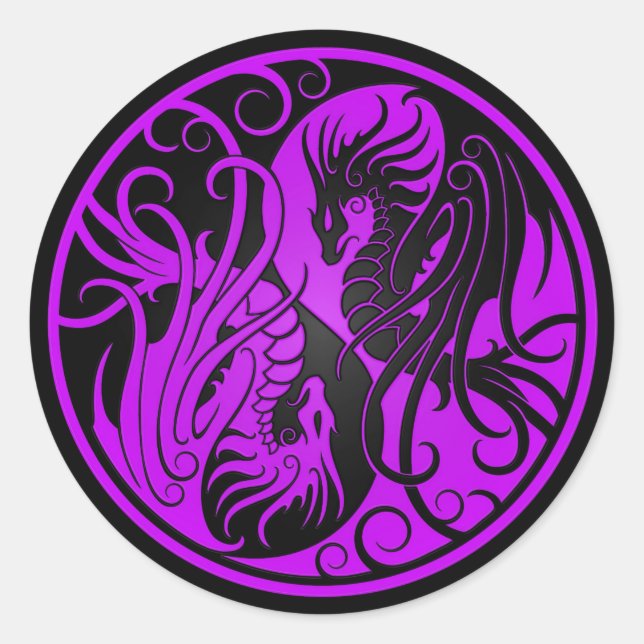 Purple and Black Flying Yin Yang Dragons Classic Round Sticker (Front)