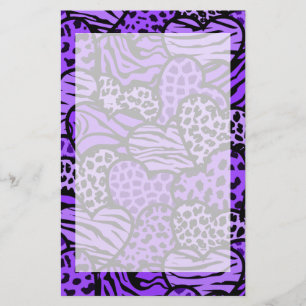 Purple and black girly animal print hearts stationery