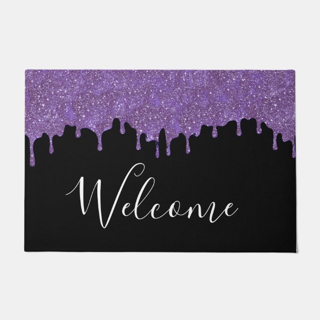 Purple and Black Glitter Drips Welcome Door Mat (Front)