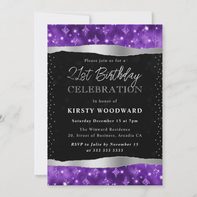 Purple and Black Glitter Shimmer 21st Birthday Invitation (Front)