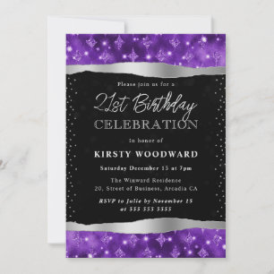 Purple and Black Glitter Shimmer 21st Birthday Invitation