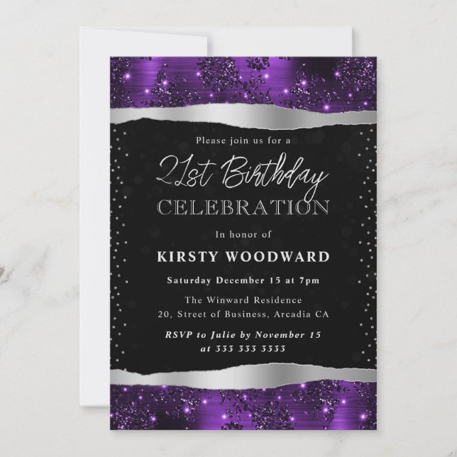 Purple and Black Glitter Shimmer 21st Birthday Invitation (Front)