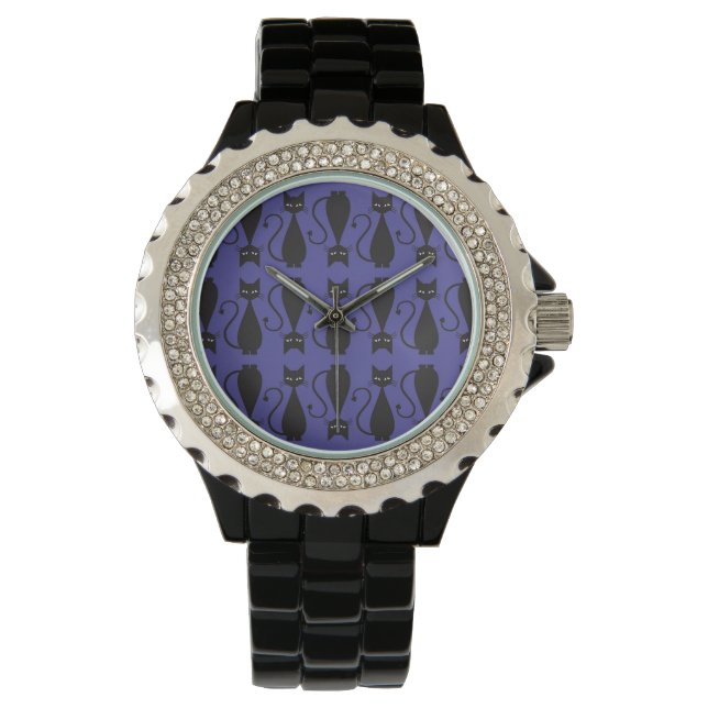 Purple and Black Goth Cat Pattern Watch (Front)