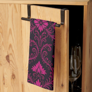 Purple and black gothic damask pattern kitchen towel