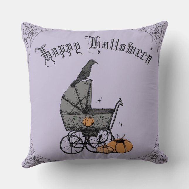 Purple and Black Gothic Happy Halloween Throw Pillow (Back)