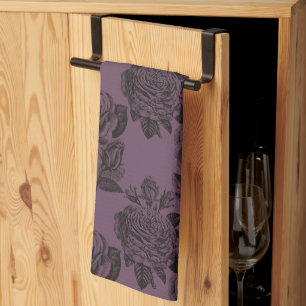 Purple and Black Gothic Roses Pattern Halloween Kitchen Towel