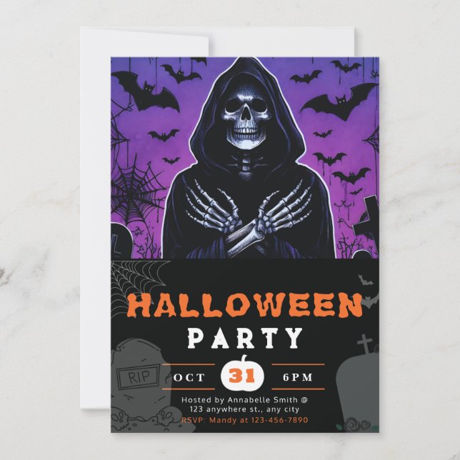 Purple and Black Grim Reaper Skeleton Halloween Invitation (Front)