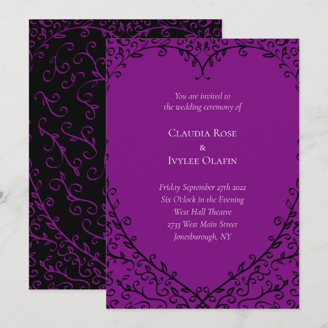 Purple and Black Heart Gothic Wedding Invitation (Front/Back)