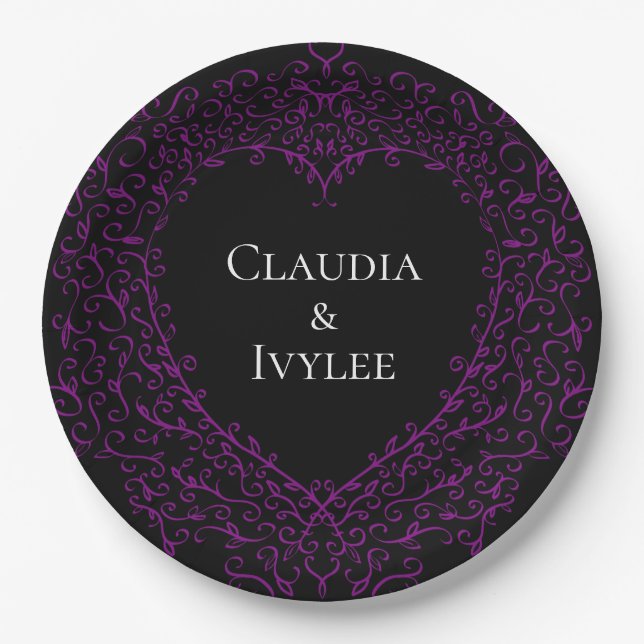Purple and Black Heart Gothic Wedding Paper Plates (Front)