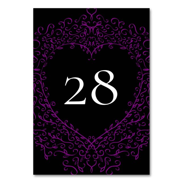 Purple and Black Heart Gothic Wedding Table Number (Front)