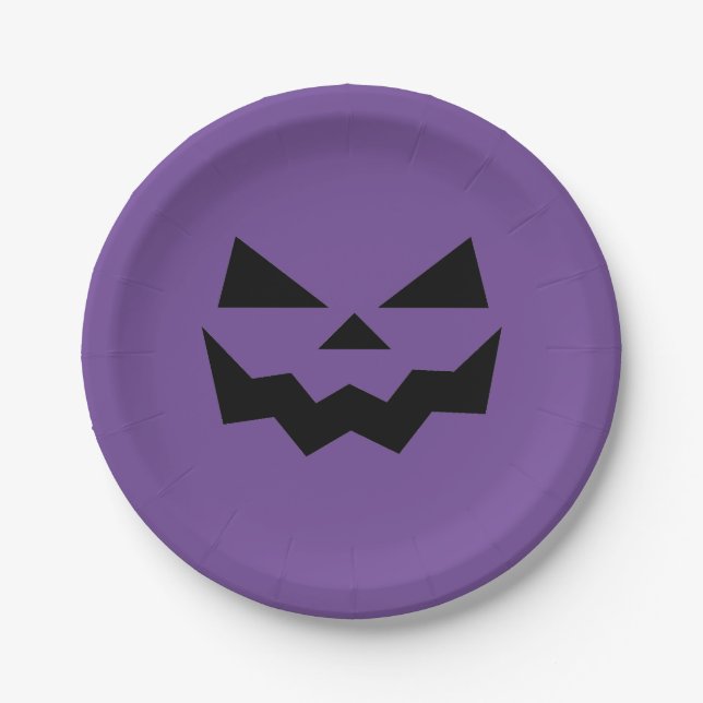 Purple and Black Jack-o-lantern pumpkin face  Paper Plate (Front)