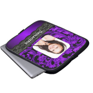 Purple and black lace personalized photo template laptop sleeve