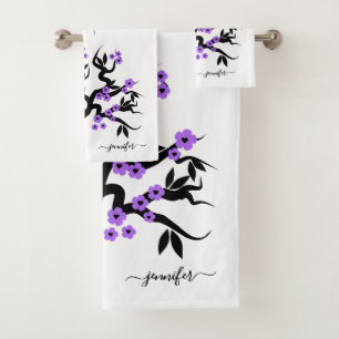 Purple and black love birds cherry tree, blossoms bath towel set