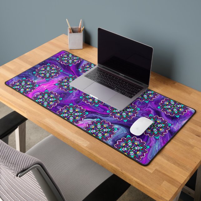 Purple and Black Mystical Colourful Mandala  Desk Mat (Office 2)