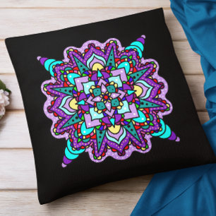 Purple and Black Mystical Colourful Mandala  Throw Pillow