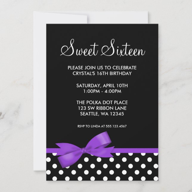 Purple and Black Polka Dots Bow Sweet 16 Birthday Invitation (Front)