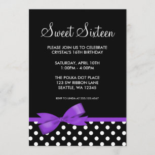 Purple and Black Polka Dots Bow Sweet 16 Birthday Invitation