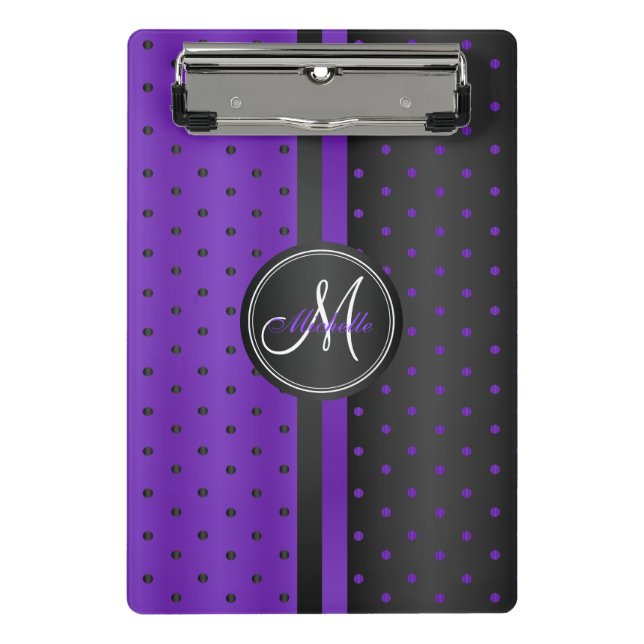 Purple and Black Polka Dots - Monogram Mini Clipboard (Front)