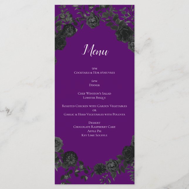 Purple  and Black Rose Gothic Wedding Menu (Front)