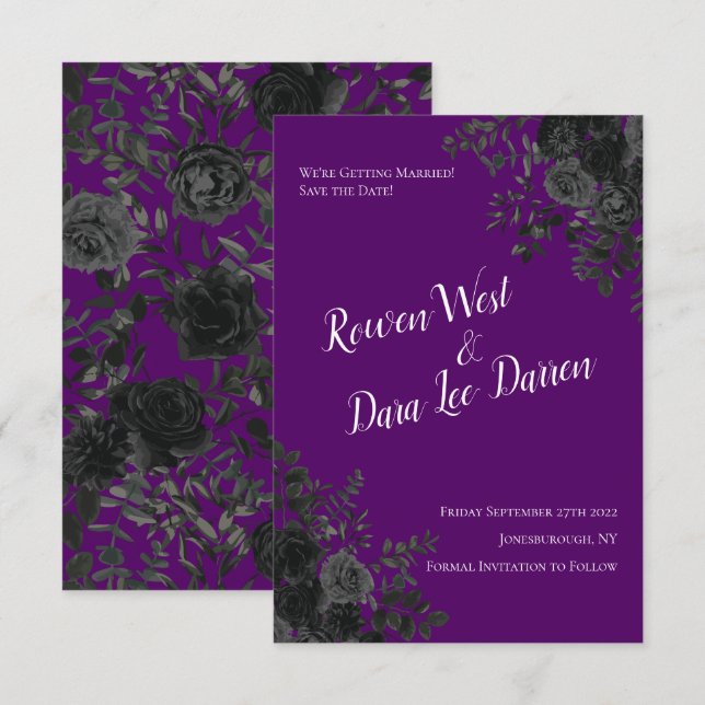 Purple and Black Rose Gothic Wedding Save the Date Invitation (Front/Back)