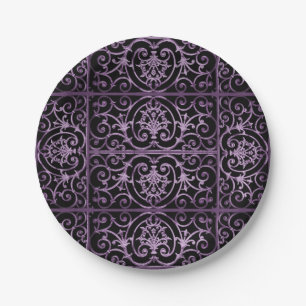 Purple and black scrollwork paper plate