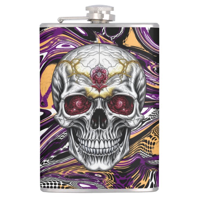Purple and Black Sugar Skull Halloween  Hip Flask (Front)