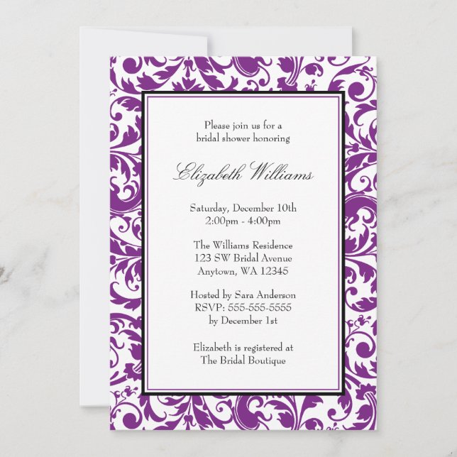 Purple and Black Swirl Damask Bridal Shower Invitation (Front)