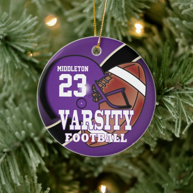 Purple and Black Varsity Football  Ceramic Ornament (Tree)