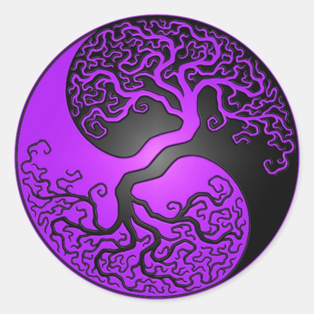 Purple and Black Yin Yang Tree Classic Round Sticker (Front)