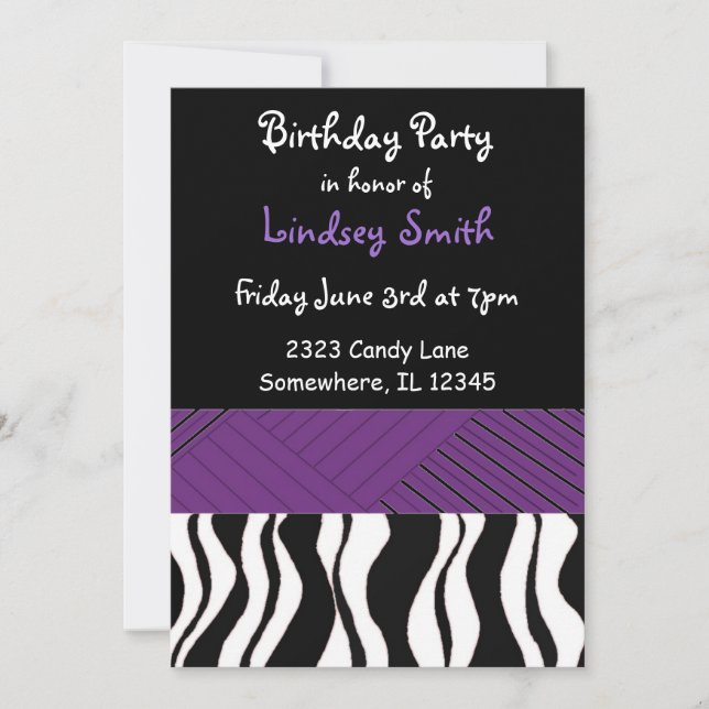 Purple and Black Zebra Print Birthday Invitation (Front)