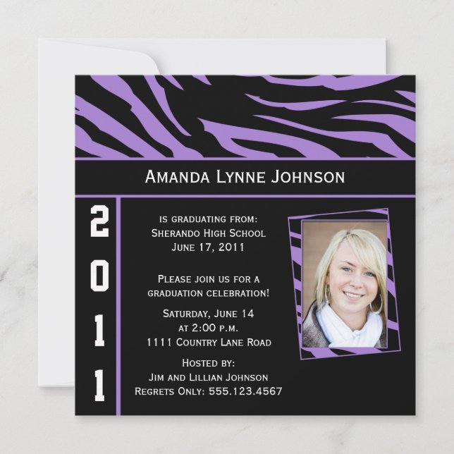 Purple and Black Zebra Print Graduation Invitation (Front)