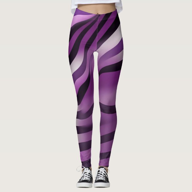 Purple and Black Zebra Stripe Abstract Art Leggings (Front)