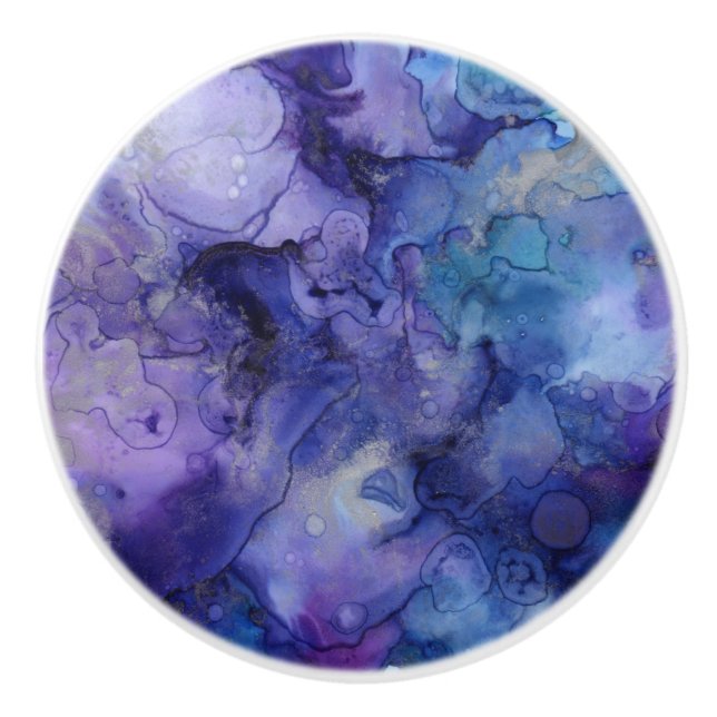 Purple And Blue Abstract Watercolor Marbled Swirls Ceramic Knob (Front)