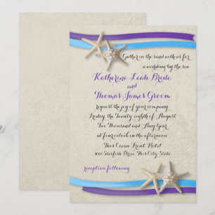 Purple and Blue Beach Wedding Starfish and Ribbon Invitation