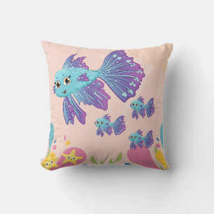 Purple and blue fish in pink ocean scene, throw pillow